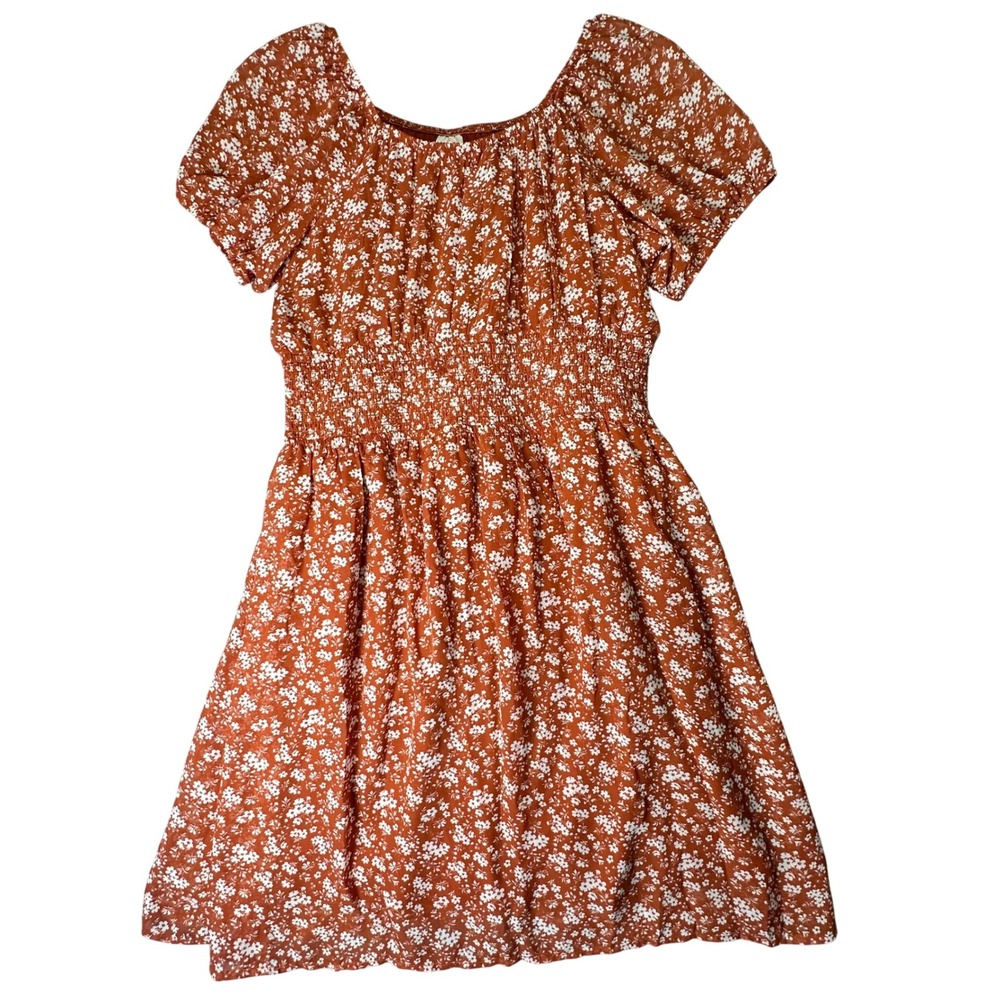 Wonder Nation Girls Floral Smocked Waist Dress Boho Cottagecore XL 14-16 Rust